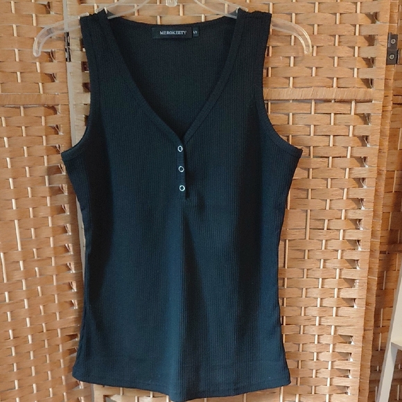 Tops - MEROKEETY Black Ribbed Tank Top